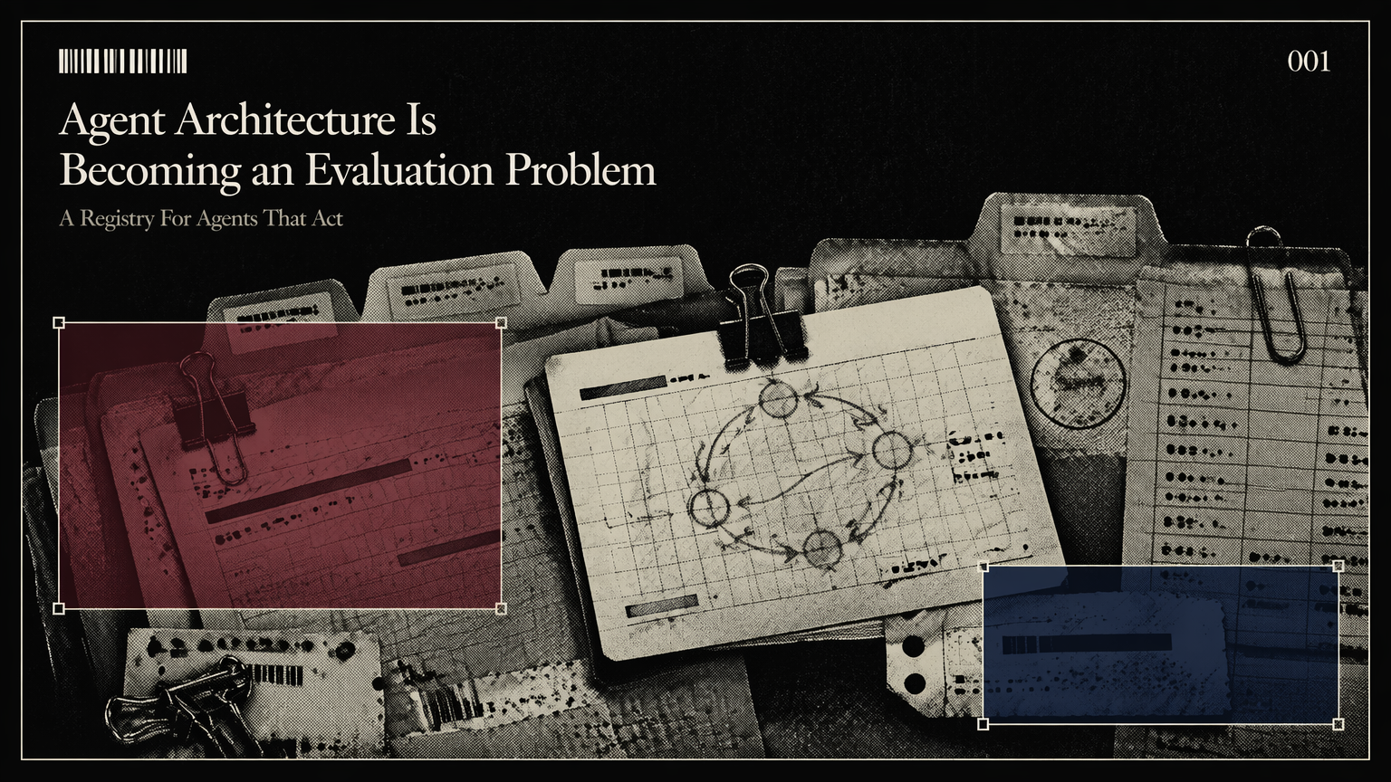 A marked paper dossier representing an AI agent execution loop under evaluation