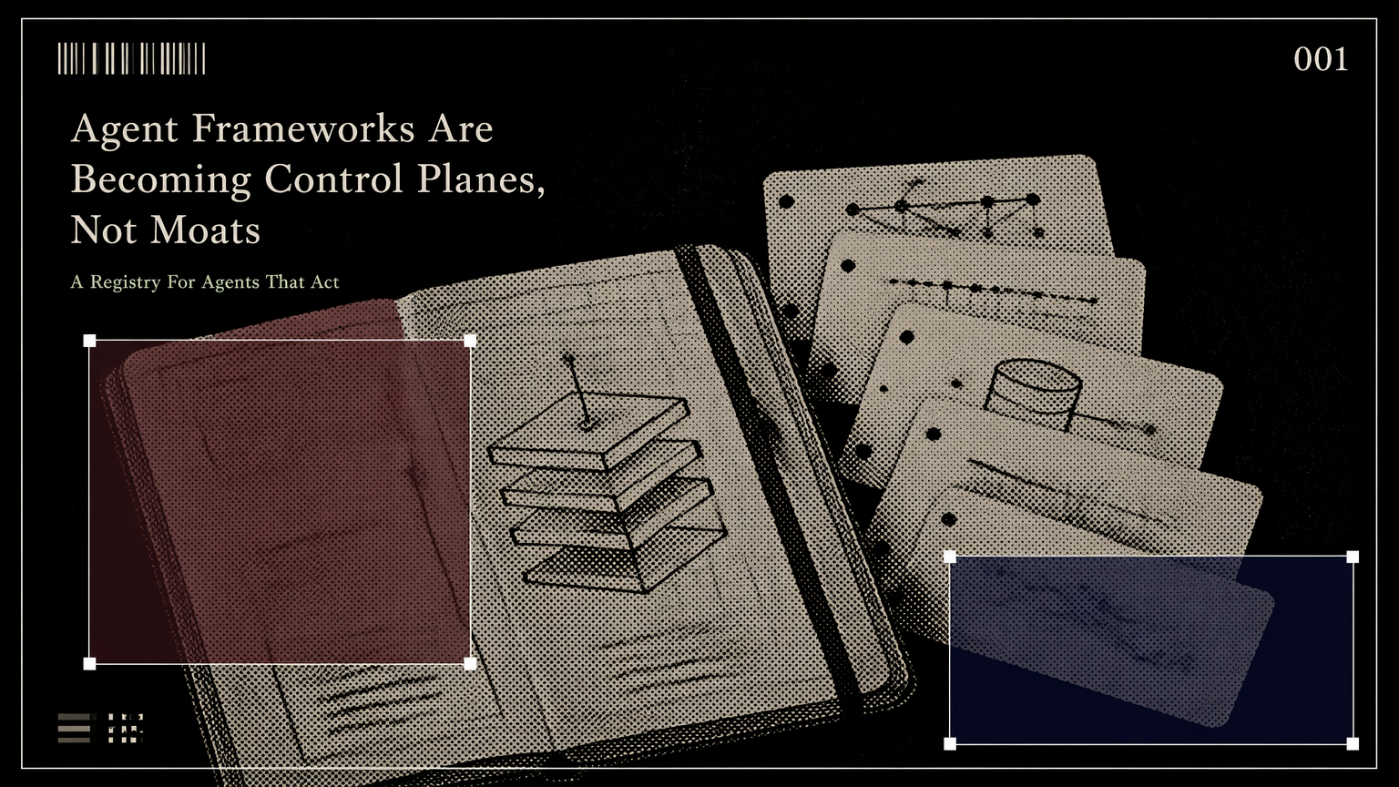 Marked field notebook and connector cards representing layered AI agent infrastructure choices