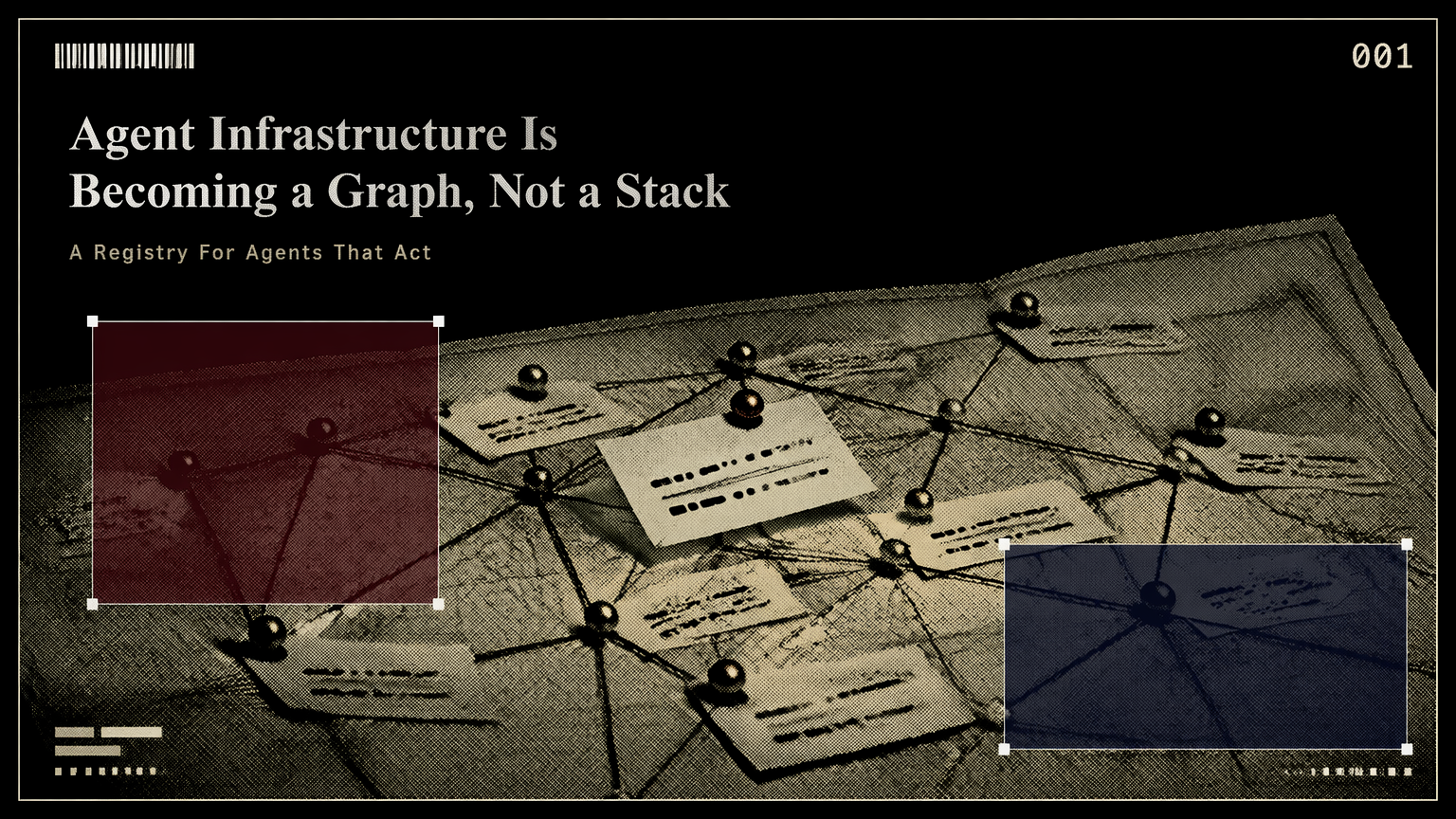 Pinned paper map with thread connections representing an AI agent infrastructure knowledge graph