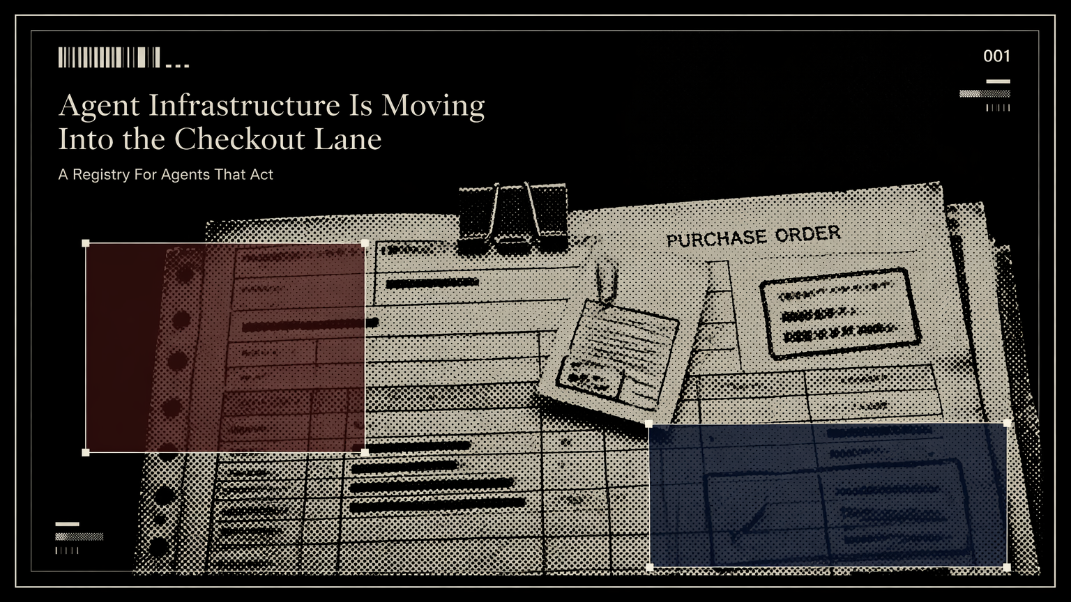 A marked paper purchase order and permission slips representing transaction-capable AI agents