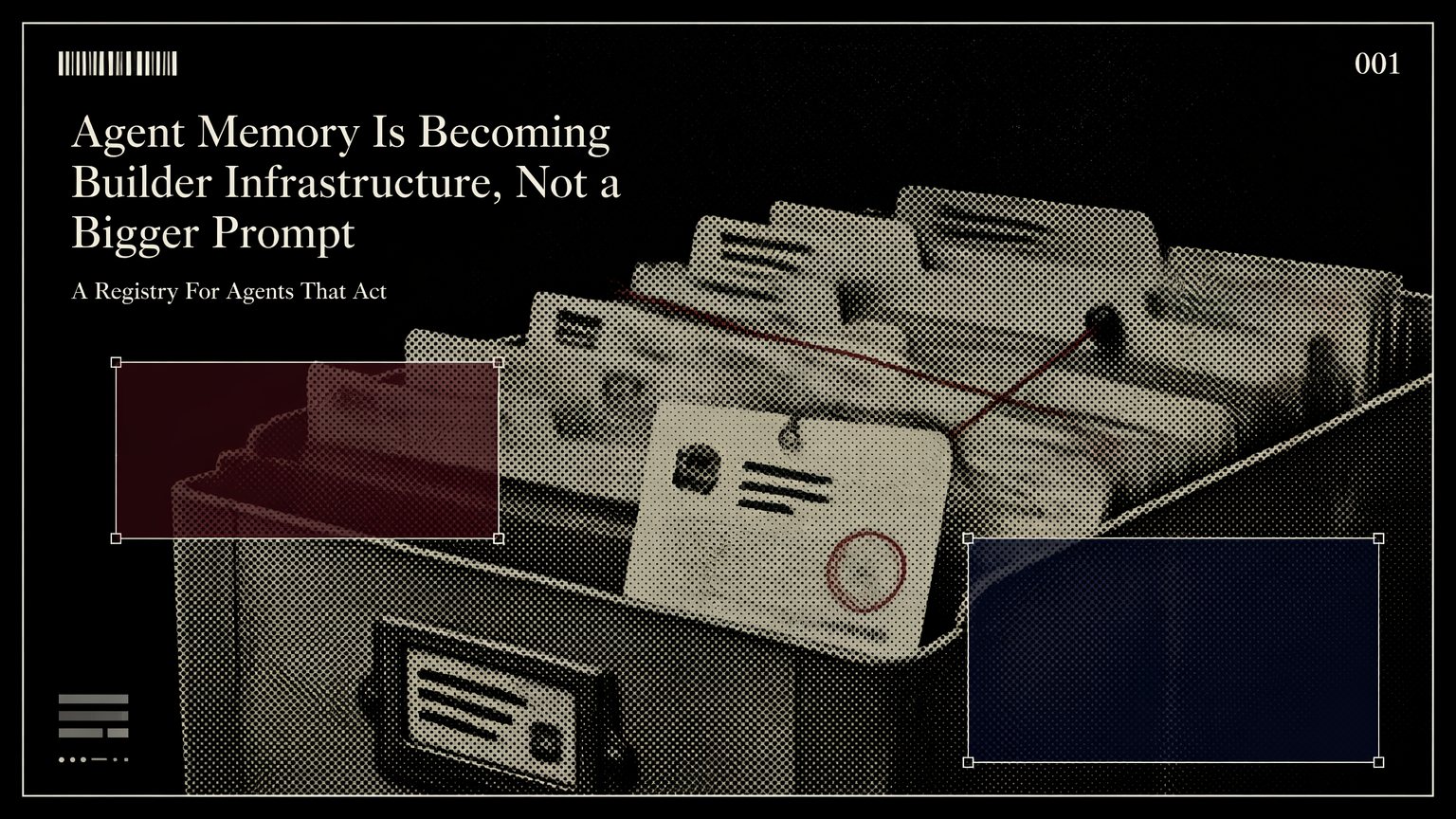 A worn archive box filled with labeled memory folders representing persistent agent state