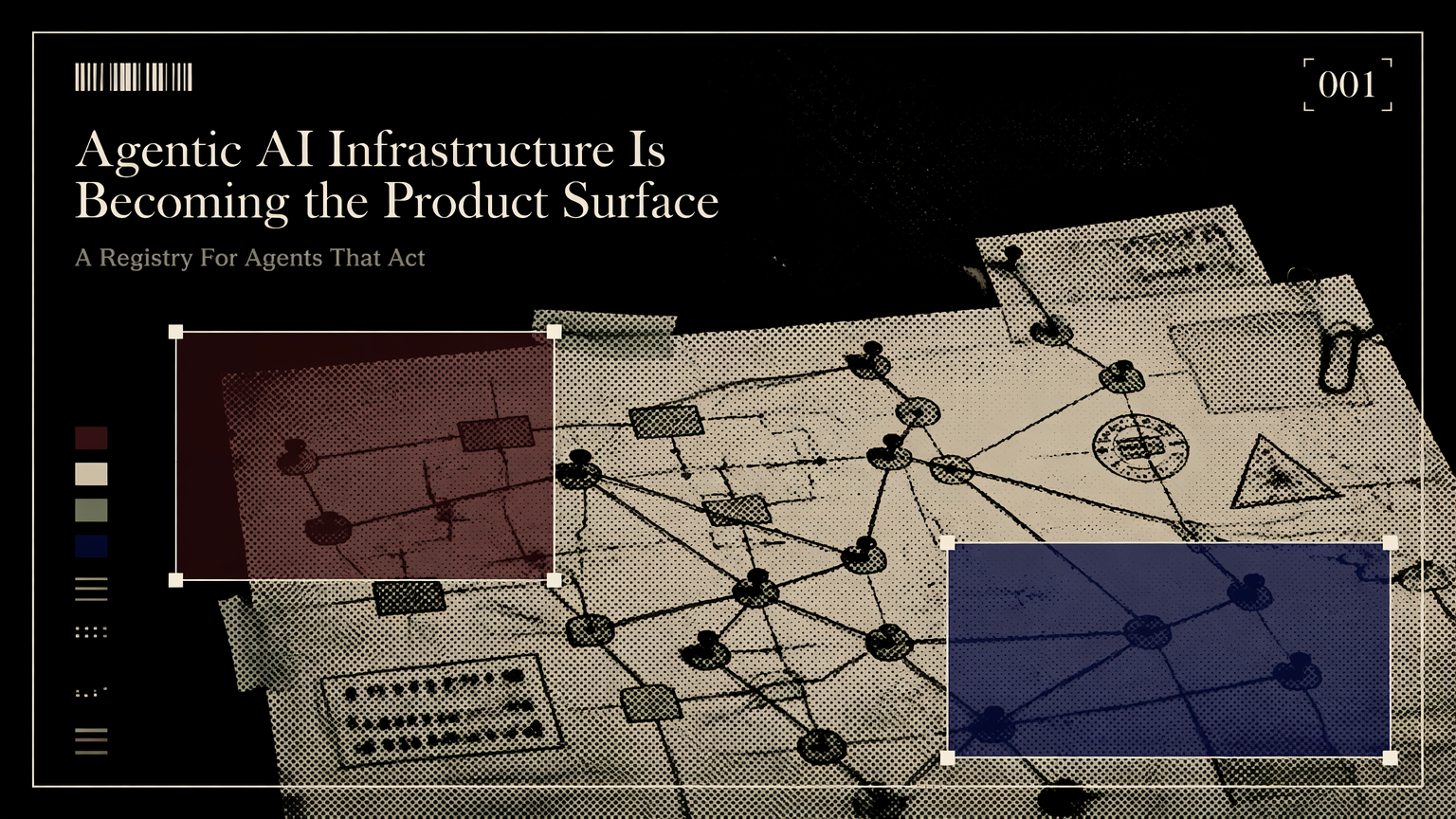 Marked paper workflow map with pins and access stamps representing agentic AI infrastructure
