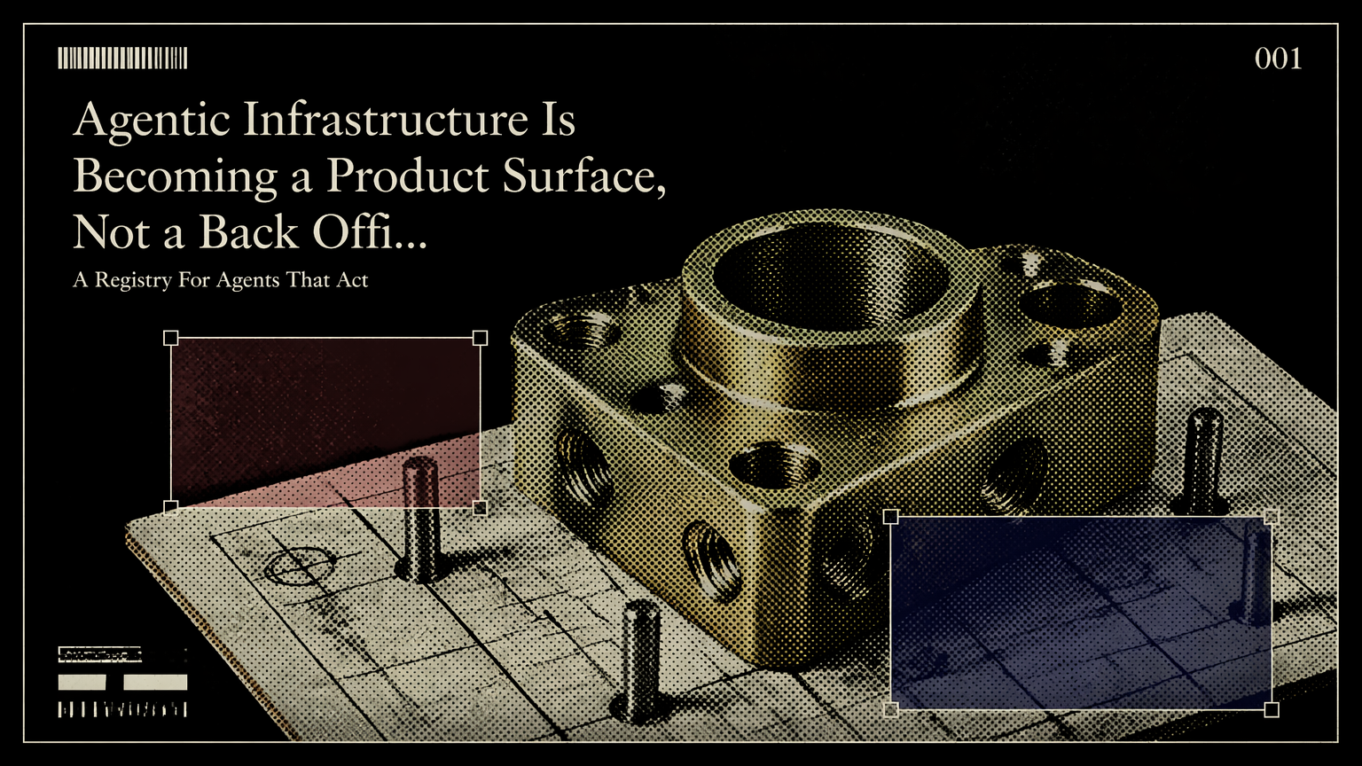 A black dossier cover with a brass machine part and marked infrastructure notes representing agentic AI infrastructure