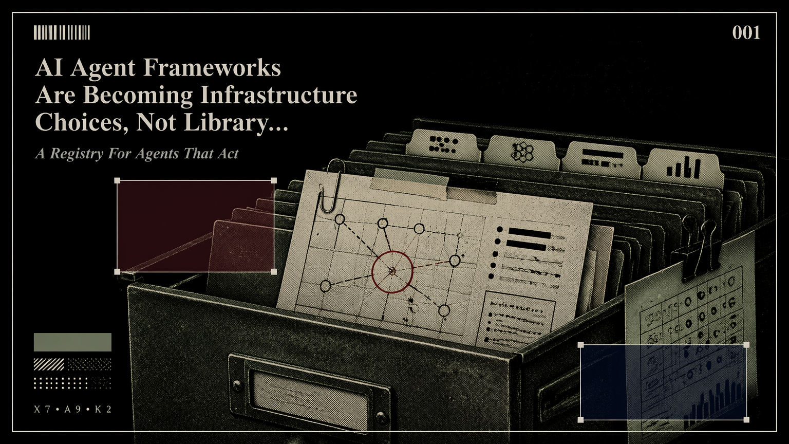 Marked paper dossier representing AI agent framework selection