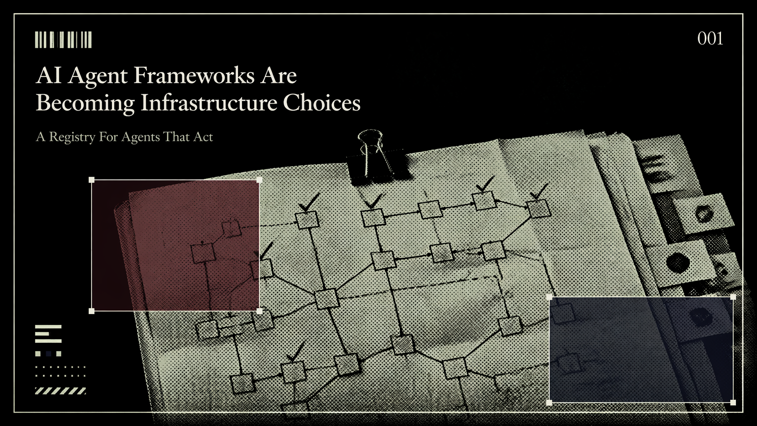 Marked paper workflow map representing AI agent framework selection