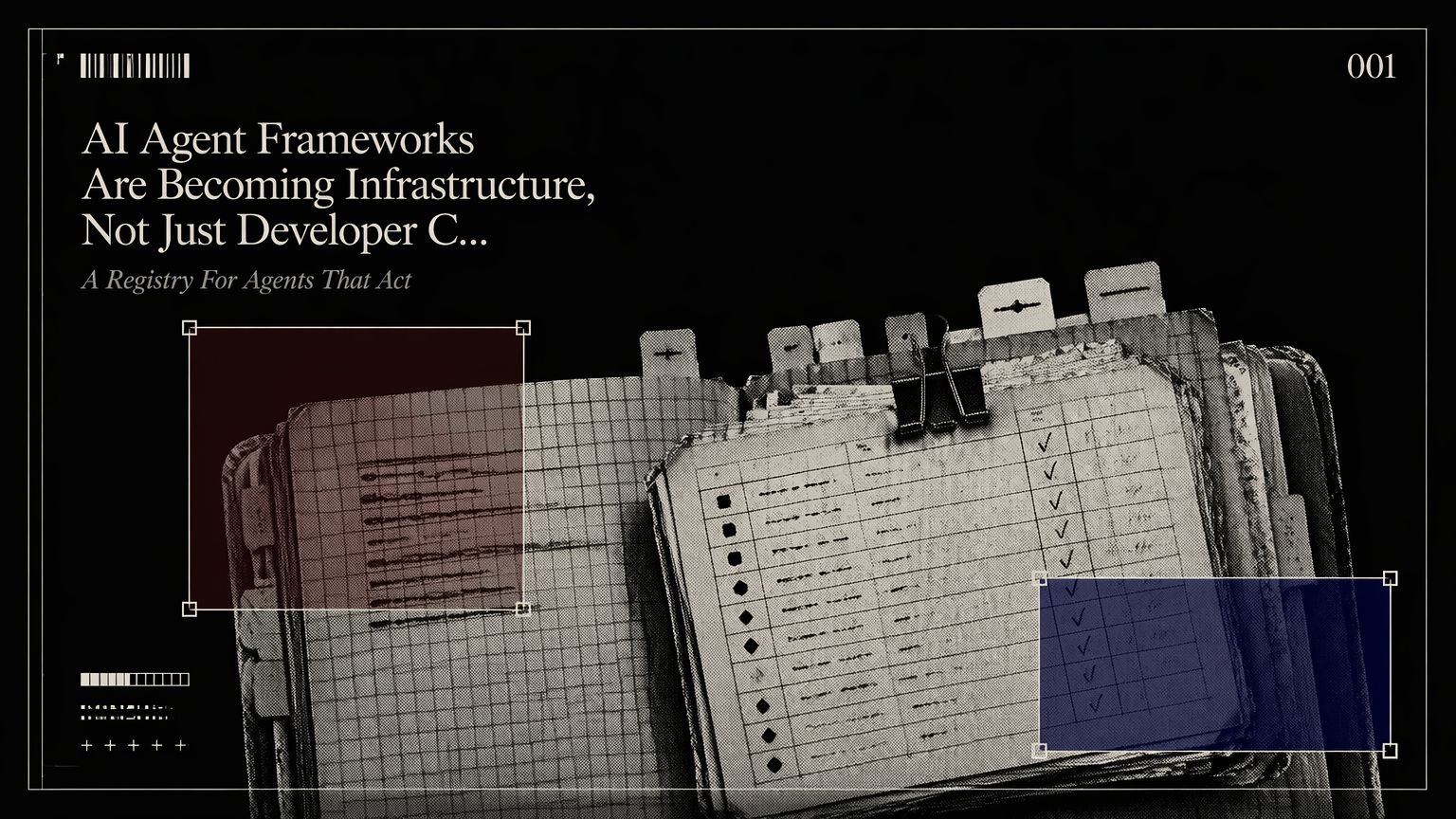 Field notebook with clipped routing cards representing AI agent framework selection