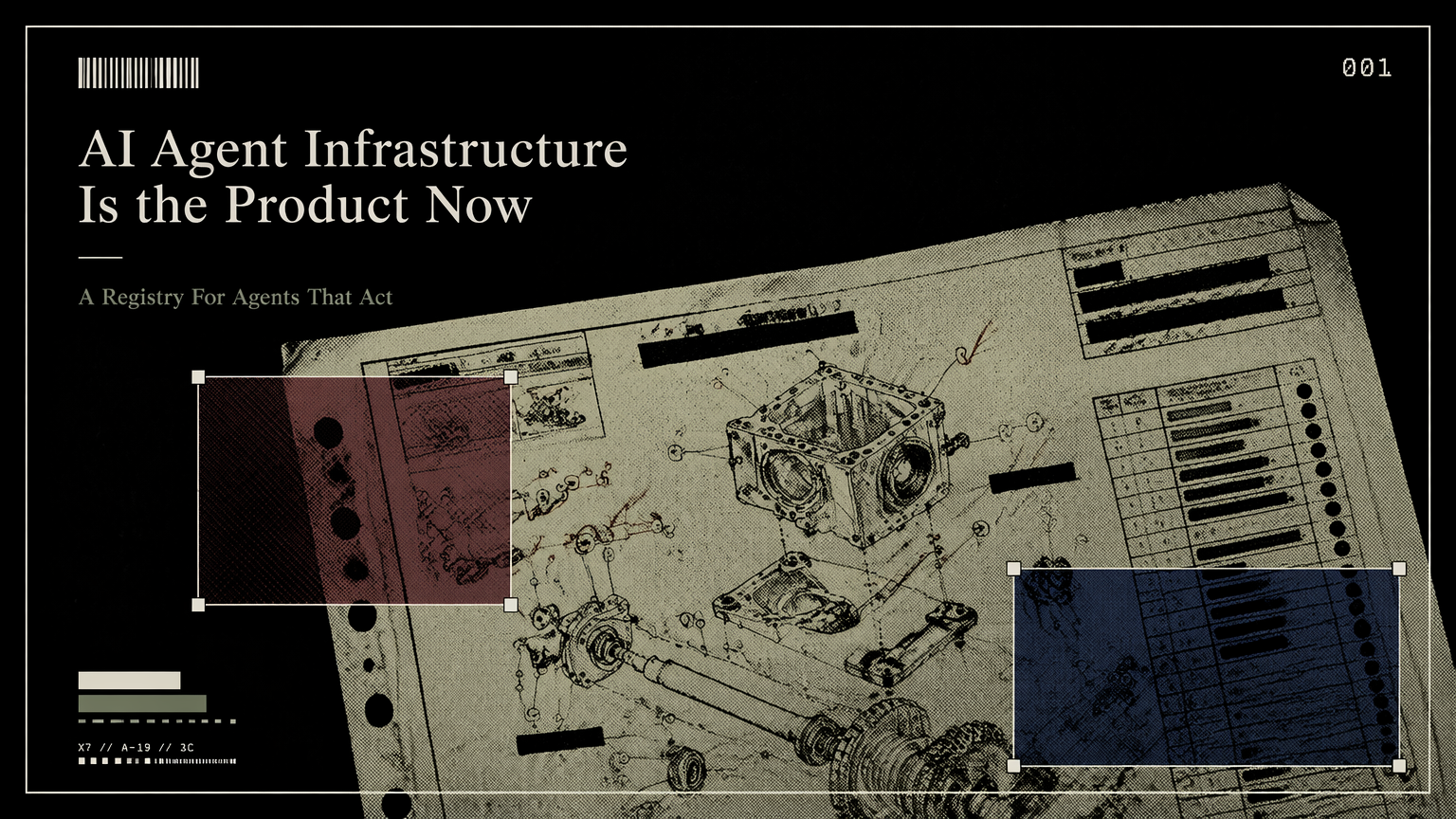 A marked factory assembly instruction sheet representing layered AI agent infrastructure