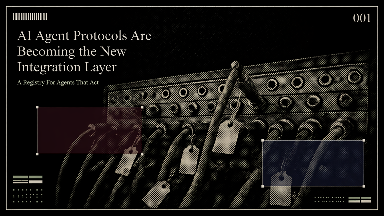 A physical patch panel representing standardized AI agent protocol connections