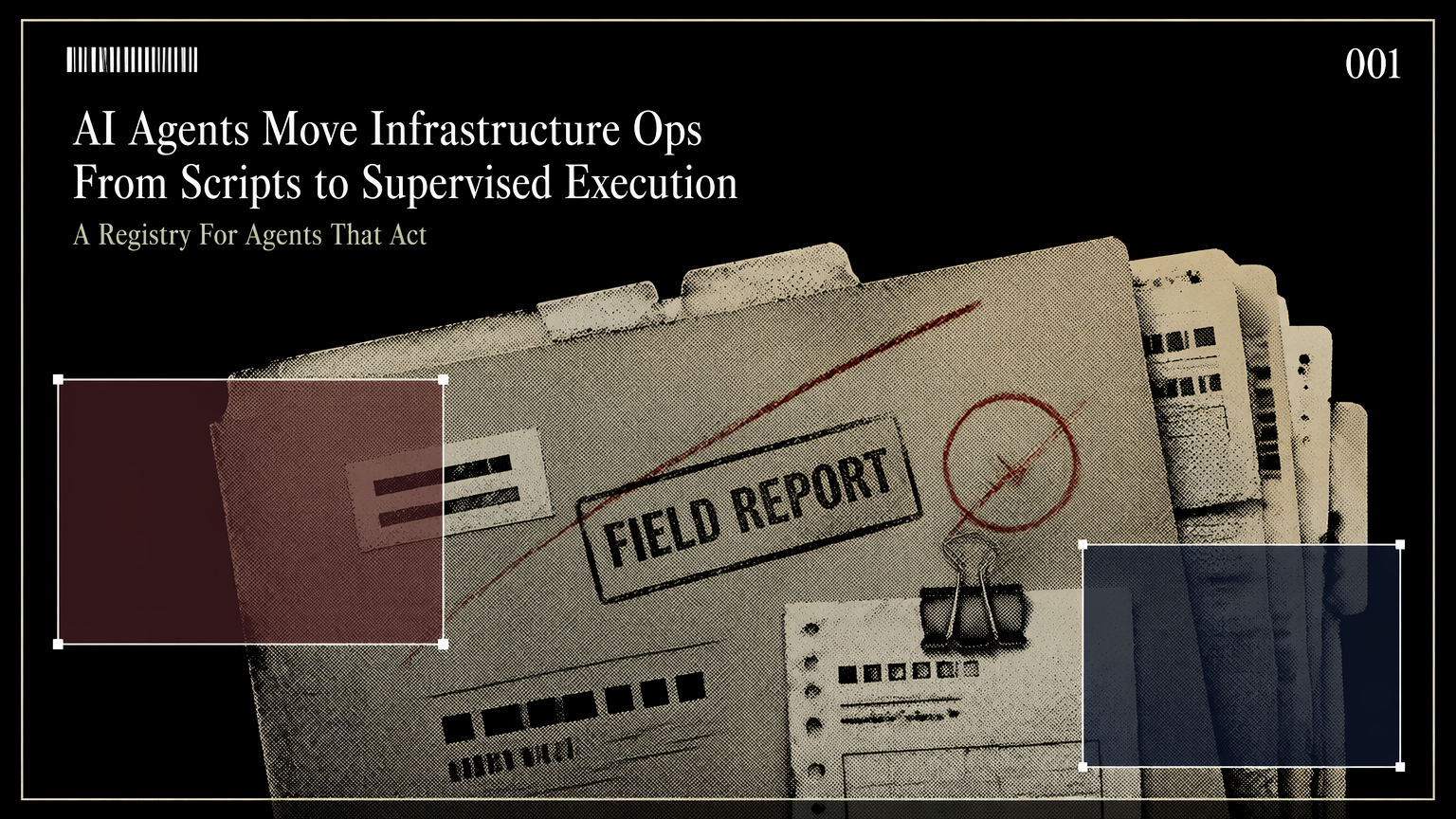 A stamped field report folder representing governed infrastructure agents