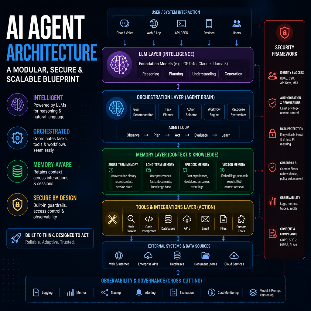 Illustration of AI agent architecture with labeled components