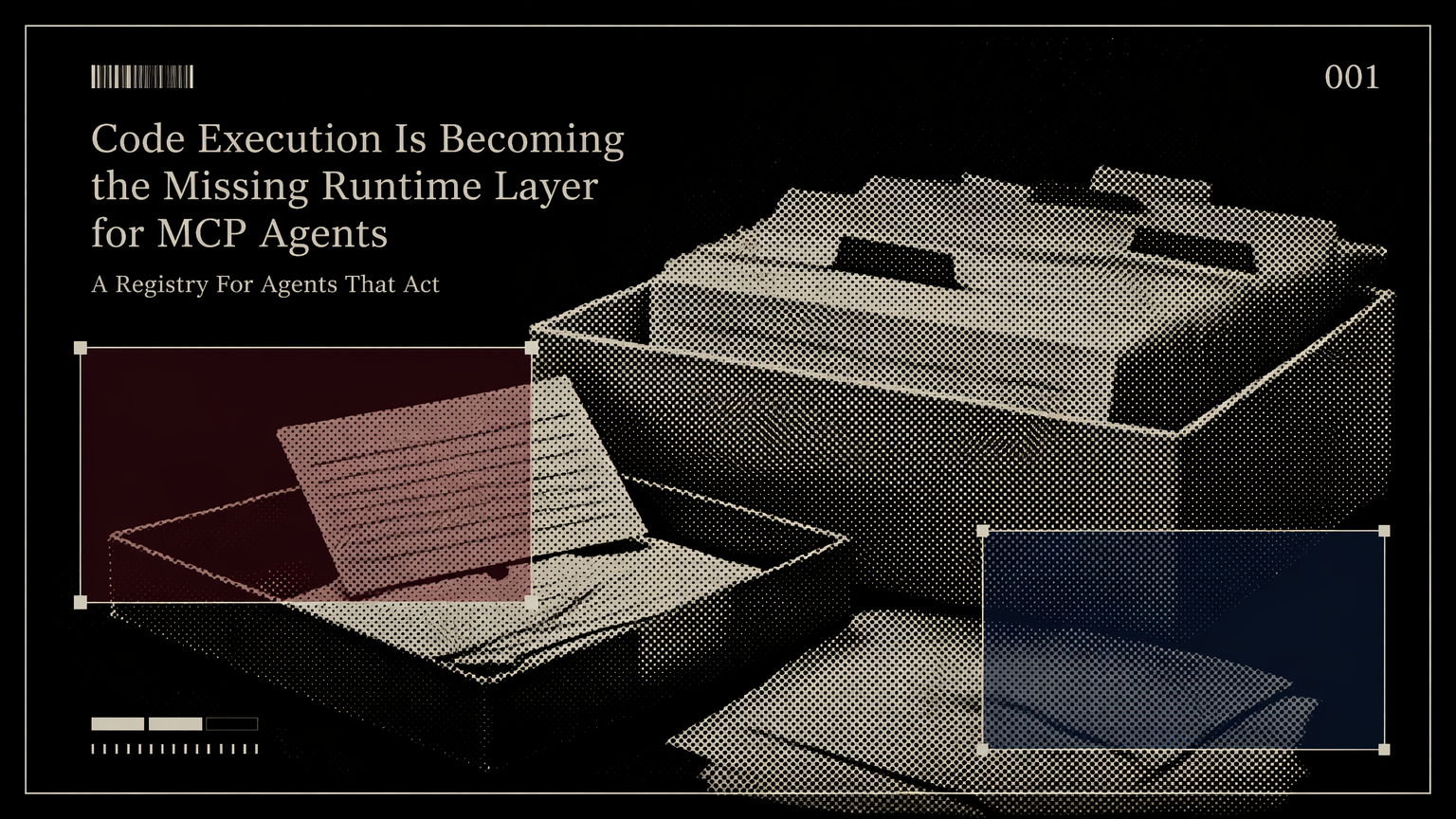 A labeled archive box with tool cards and filtered data slips representing MCP code execution