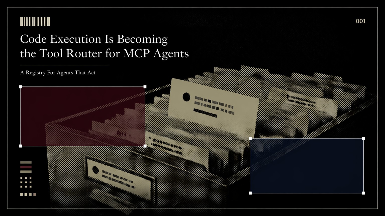 A labeled archive box with tool cards representing MCP interfaces routed through a runtime
