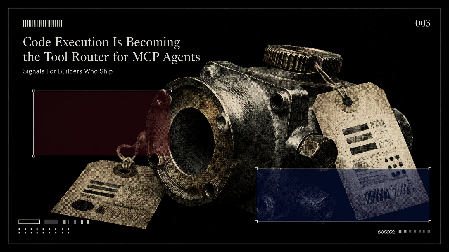 A worn machine part beside inspection tags representing sandbox risk in agent runtimes