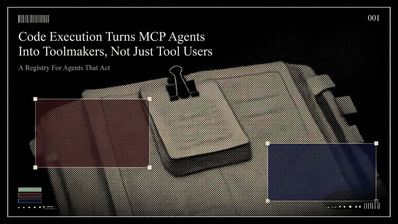 A workbench ledger with clipped calculation notes representing sandboxed MCP code execution for agents