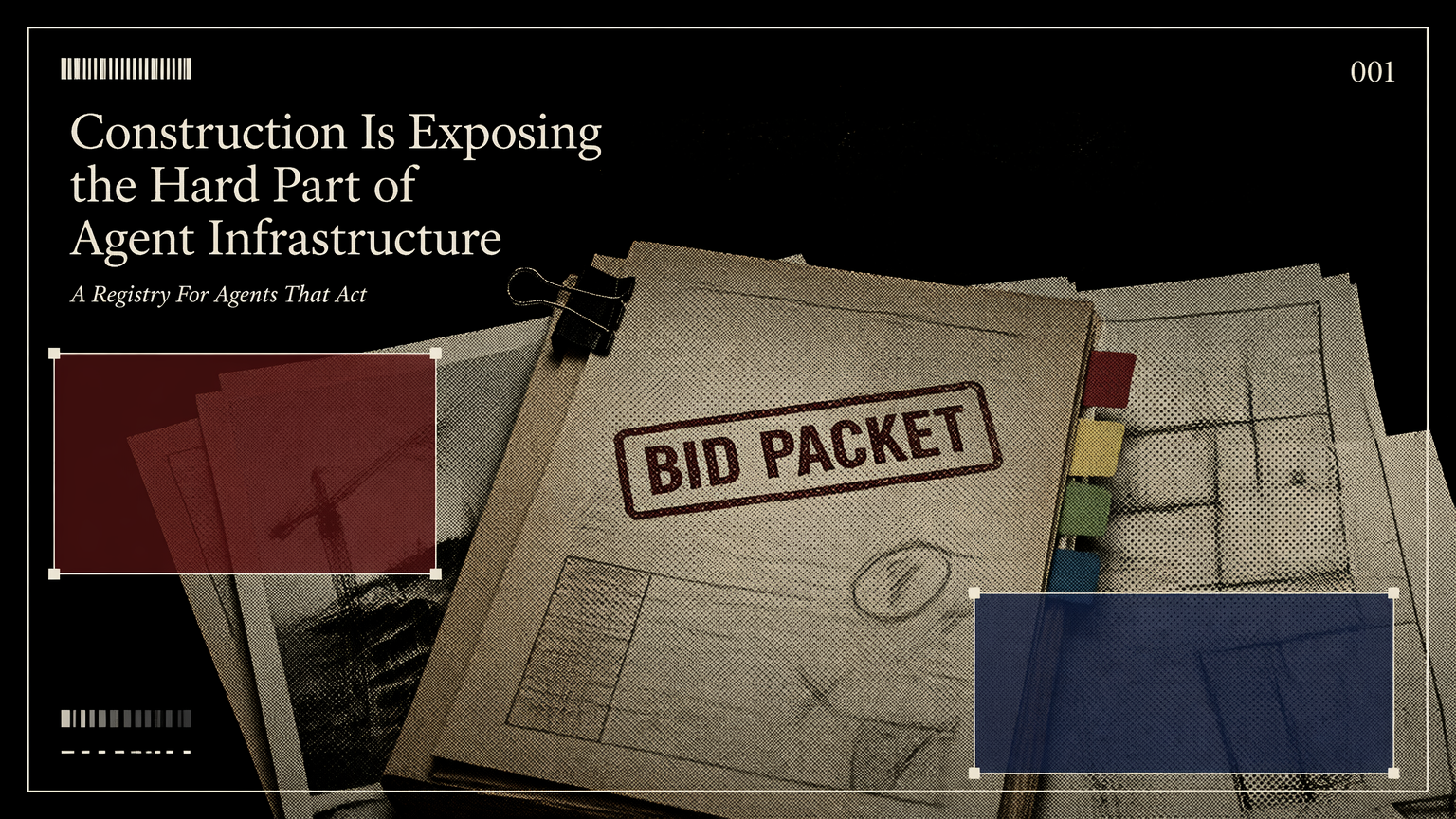 Stamped construction bid packet with clipped plan sheets and evidence tabs