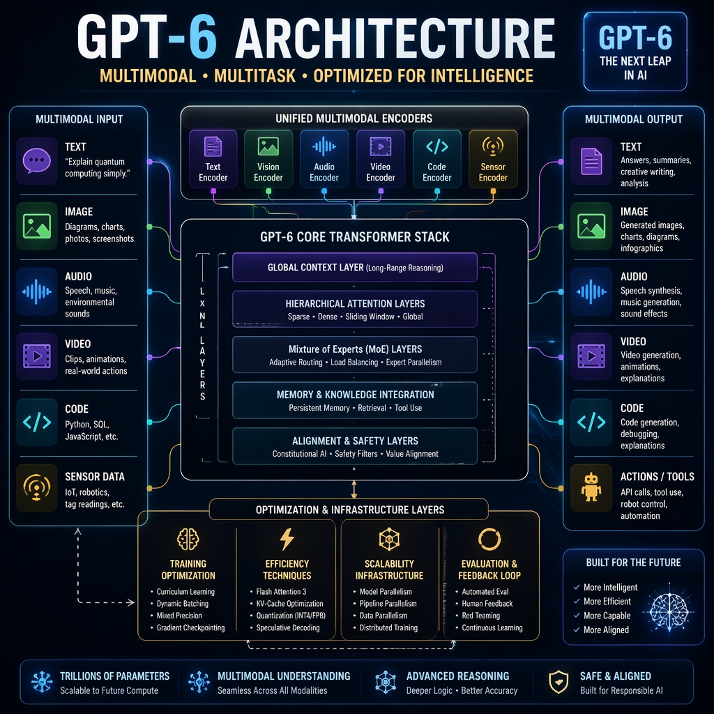 Illustration of GPT-6 architecture with multimodal inputs and outputs