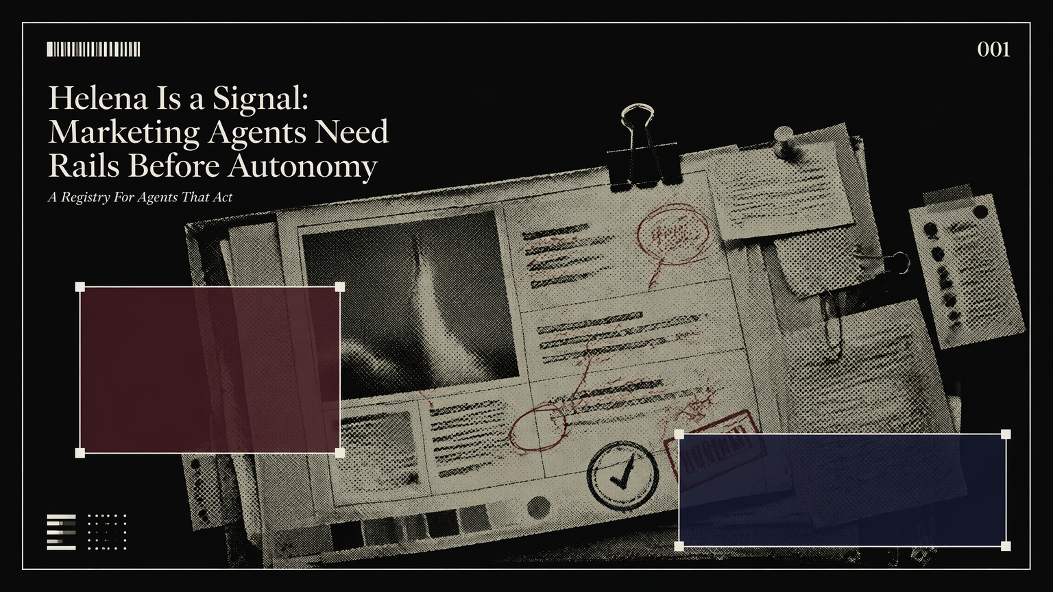 Marked marketing brief with pinned source slips and approval stamps representing an AI marketing agent workflow