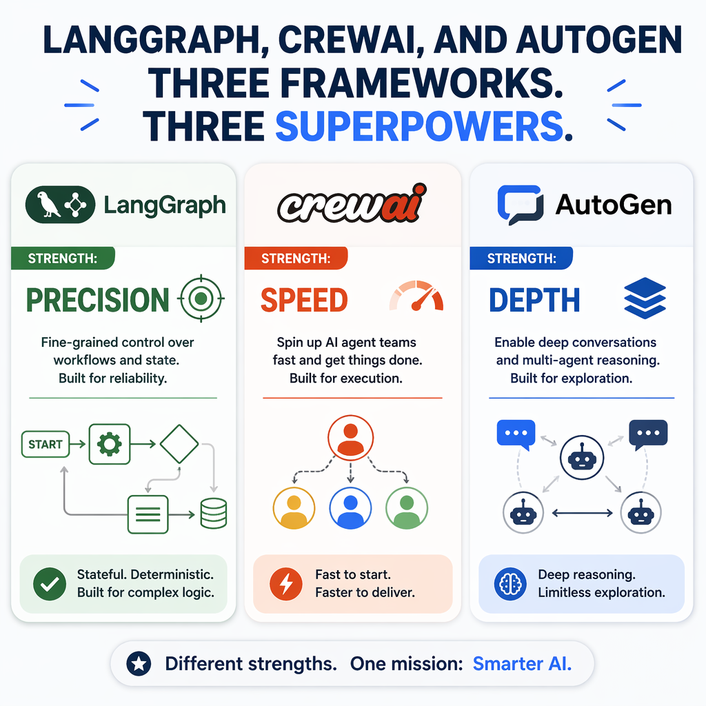 Comparison of LangGraph, CrewAI, and AutoGen frameworks