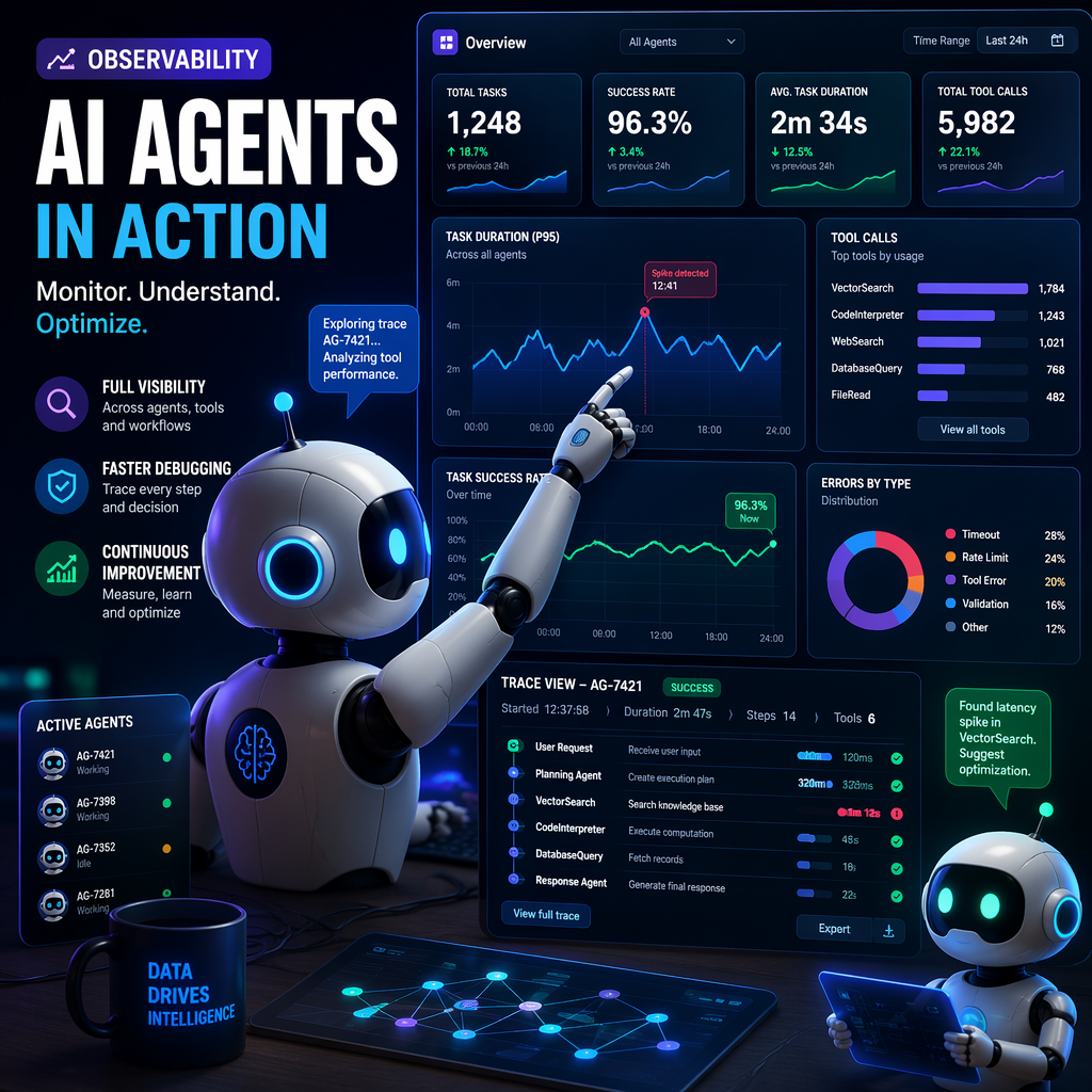 Illustration of AI agents with observability tools and metrics