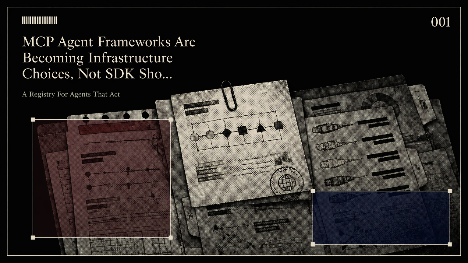 An evidence packet of MCP agent framework notes arranged as an infrastructure decision dossier