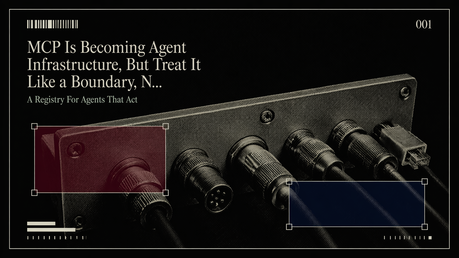 A labeled brass connector plate representing MCP as a shared agent infrastructure boundary