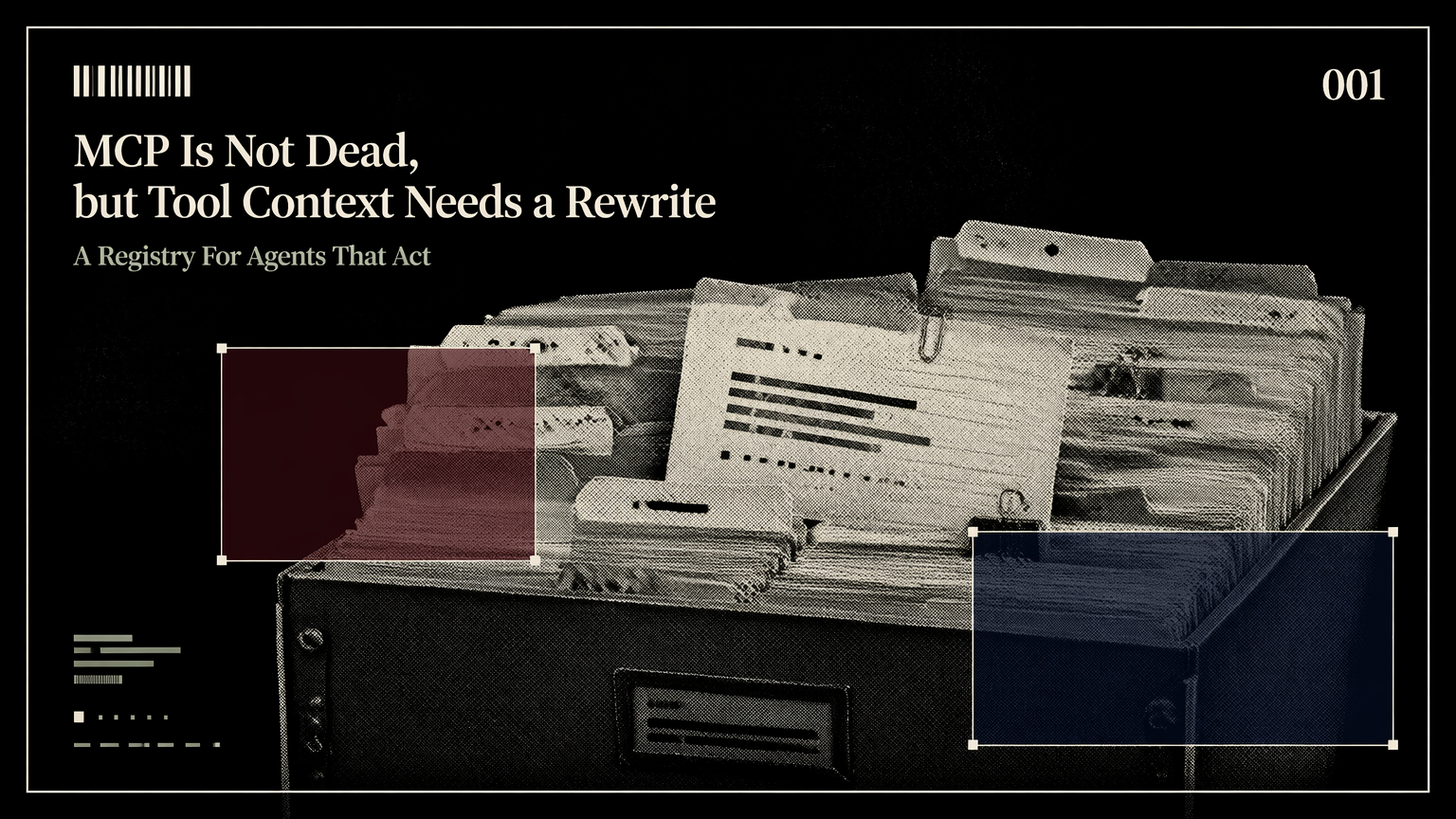 A labeled archive box overflowing with tool cards to represent MCP context bloat