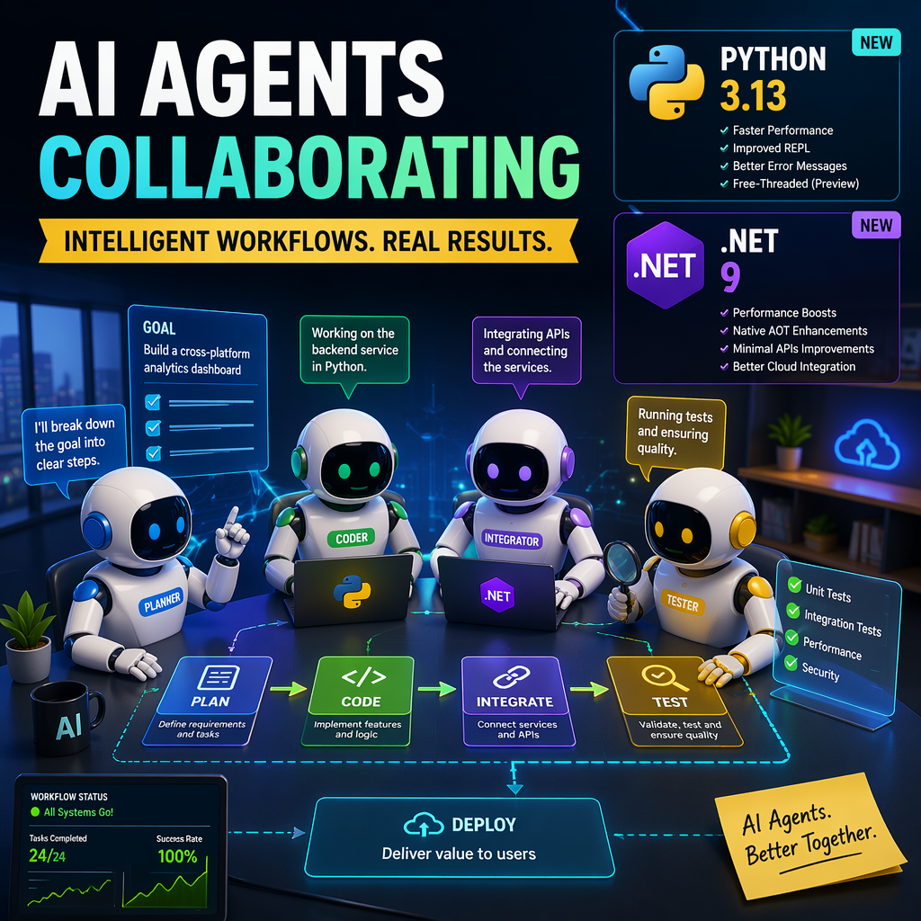 Illustration of AI agents interacting in a multi-agent workflow