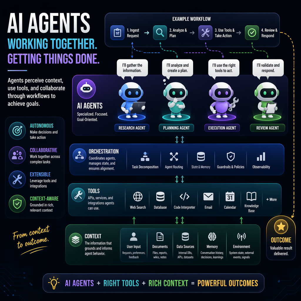 Illustration of AI agents and workflows interacting dynamically