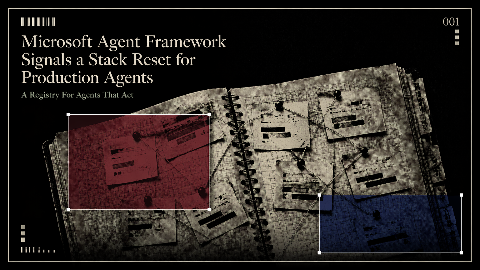 A field operations notebook with pinned workflow cards representing production agent orchestration