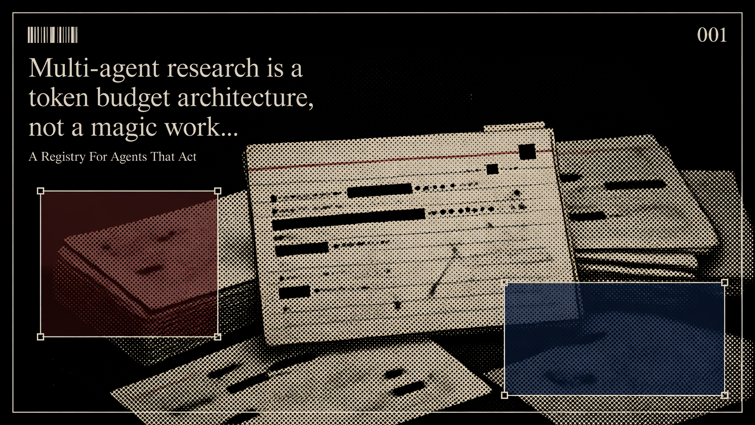 A stack of annotated index cards representing parallel research agents compressing evidence for a lead investigator