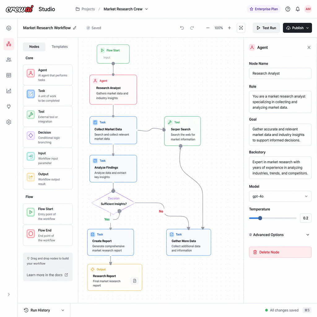 CrewAI visual editor interface