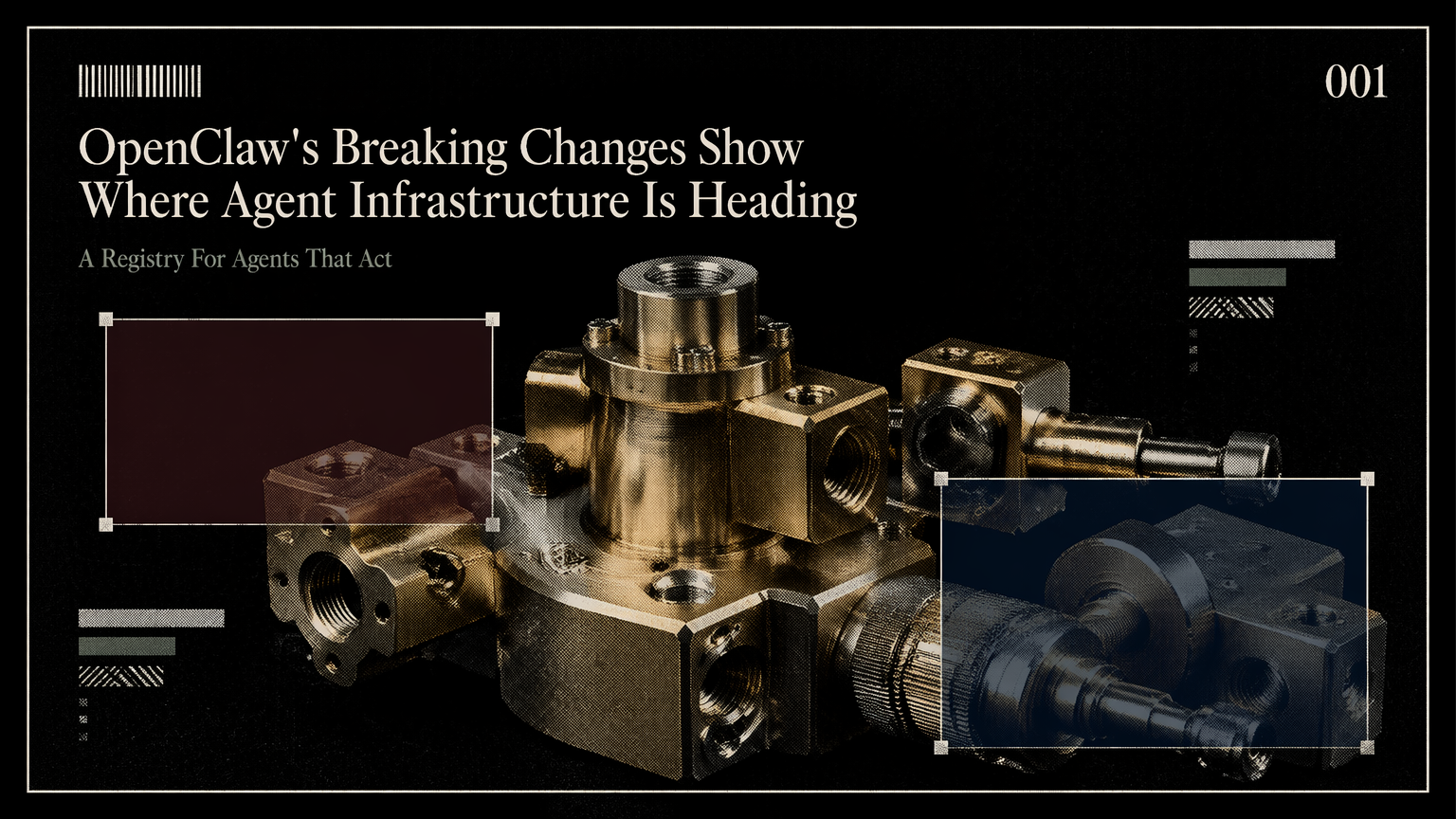 A dossier style photograph of machine parts arranged as a unified agent runtime