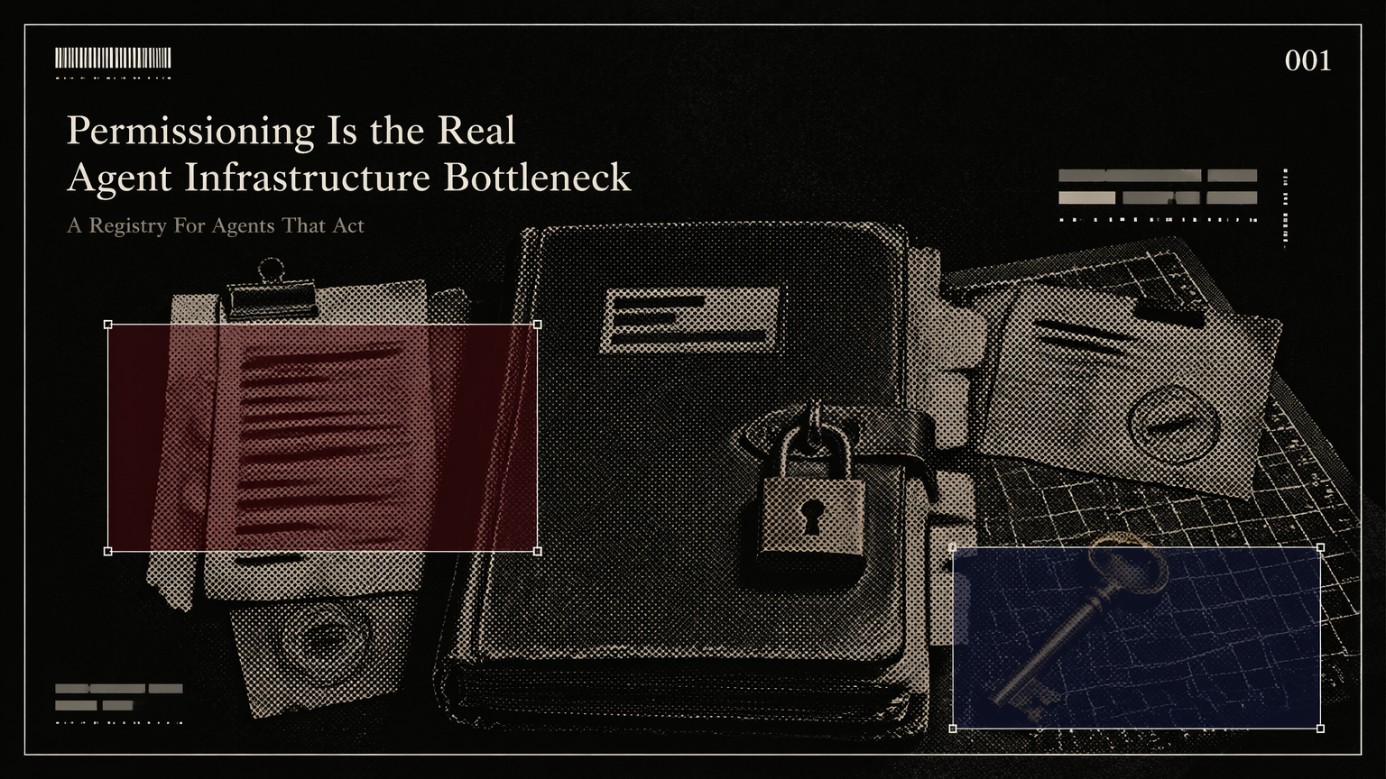 A locked personnel ledger with clipped permission slips representing agent access control