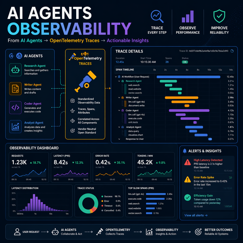 Illustration of AI agents interacting with OpenTelemetry traces