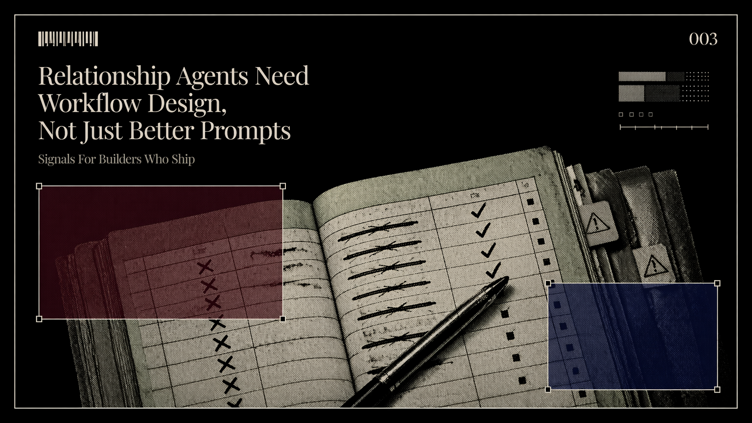 A ledger with crossed-out outreach entries representing approval gates and relationship risk