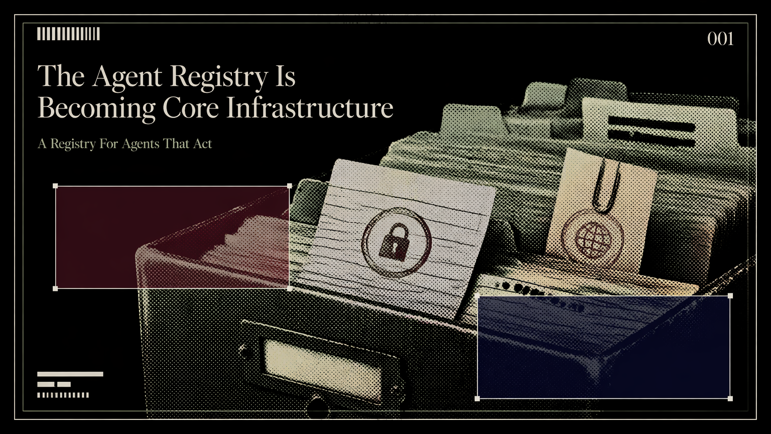 Archive box of agent identity cards and access stamps representing enterprise agent registries