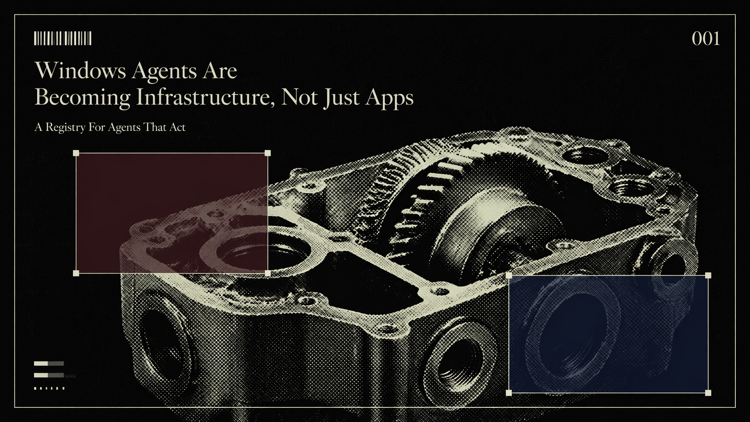 A dossier-style image of a metal machine part representing Windows as an agent execution platform